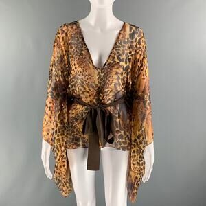 MATTHEW WILLIAMSON Size 6 Brown Yellow Silk Butterflies Belted Casual Top